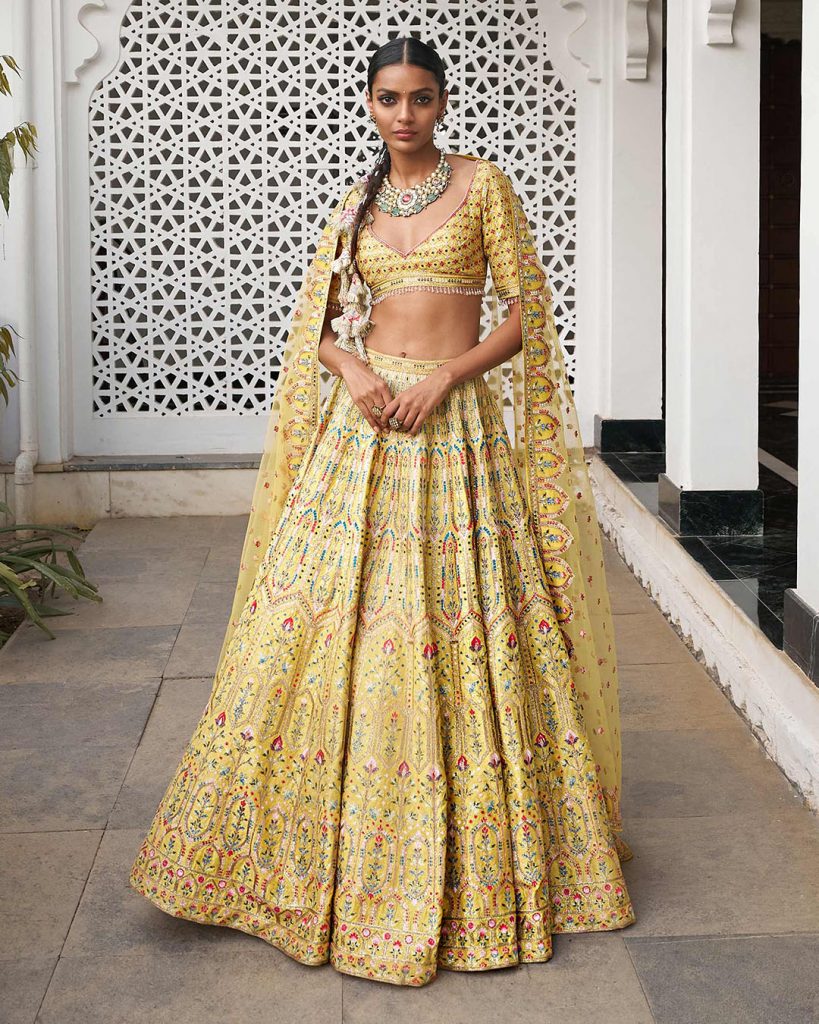 infloura Wedding Speciel Haldi Yellow Colour Lehenga Choli Made By Malay  Satin Silk Fabric Multi Embroidery Sequence And Cording Zari Work :  Amazon.in: Fashion