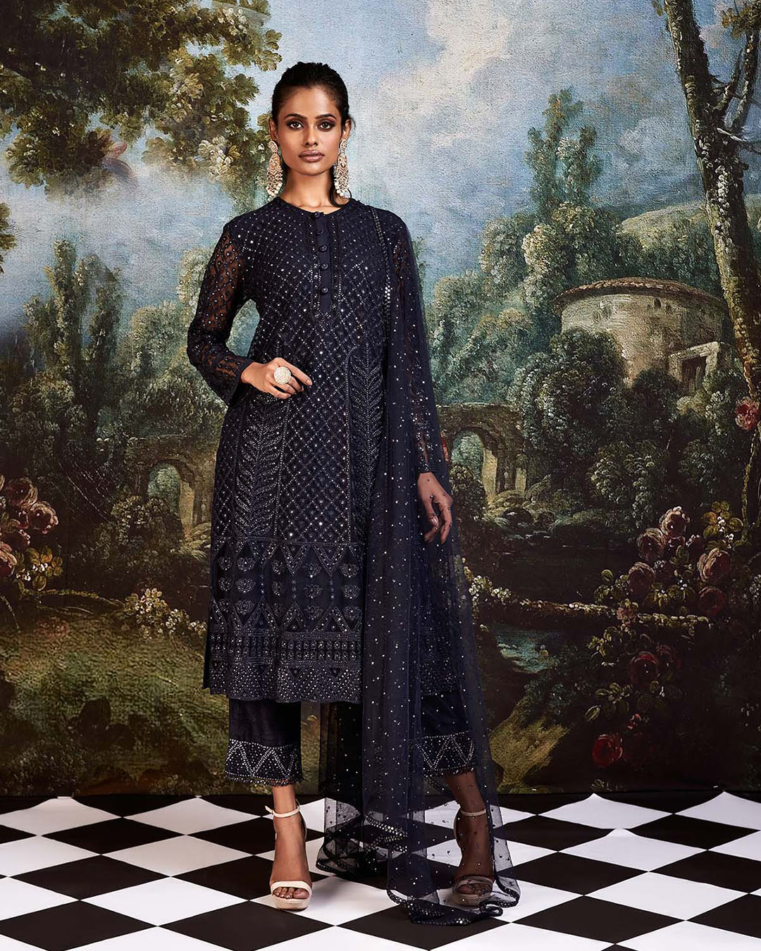 Blue Festive kurta Skirt Set