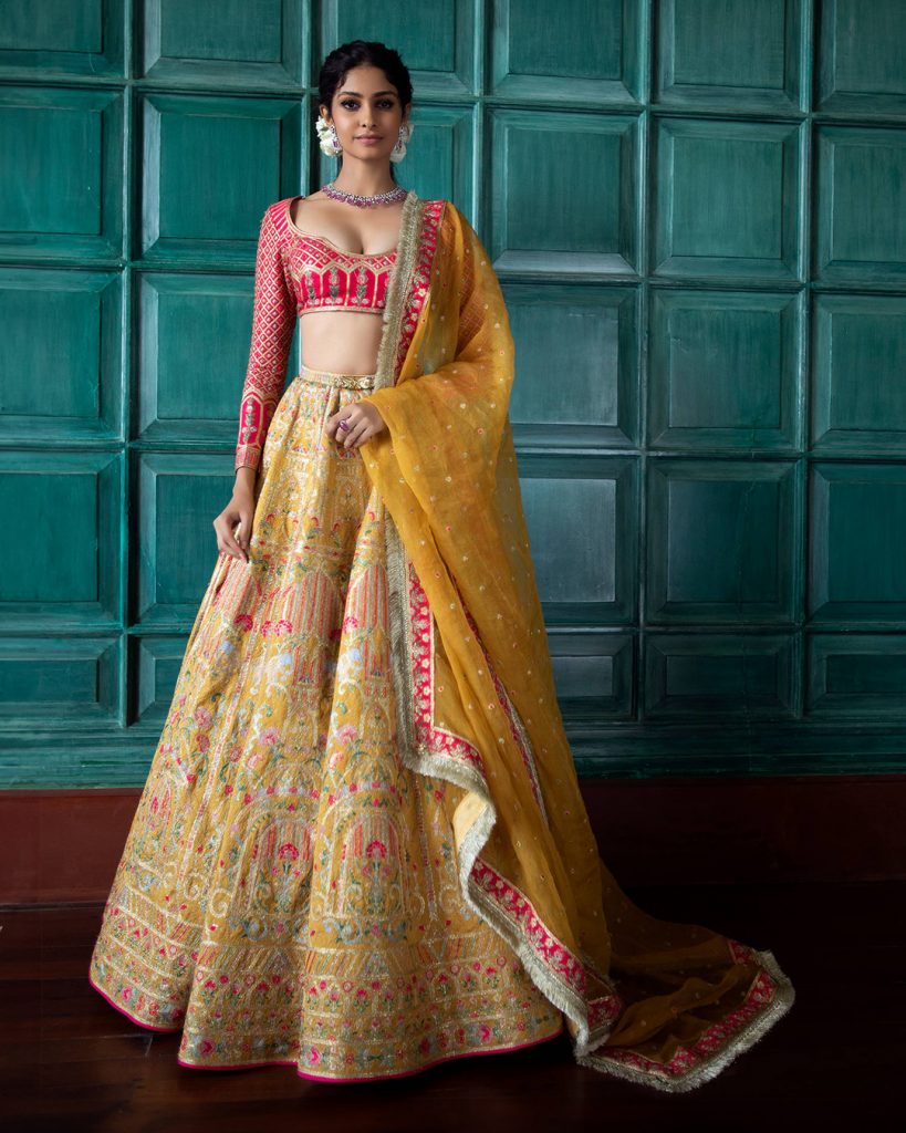 Buy Mustard Red Embroidered Bridal Lehenga Online in the USA @Mohey - Mohey  for Women