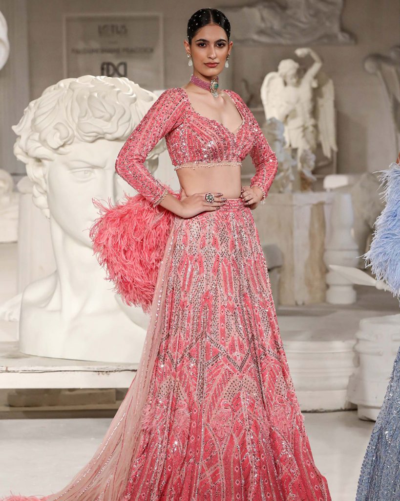 Engagement Party Dresses for Women| Sequinned Choli with Feathered Lehenga  & Dupatta – Mehr By Pretty