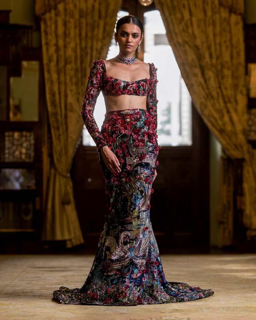 multicoloured bridal lehenga