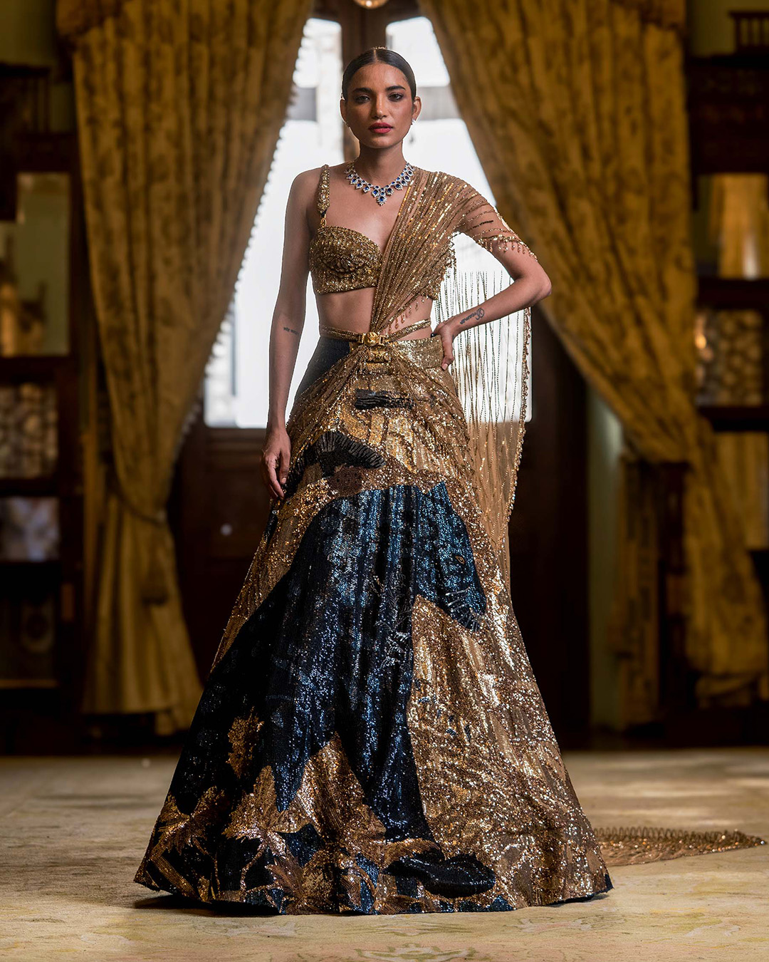 golden sequin lehenga