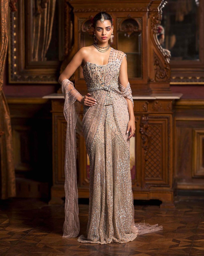 Fern Silver & Golden Fitted Designer Gown