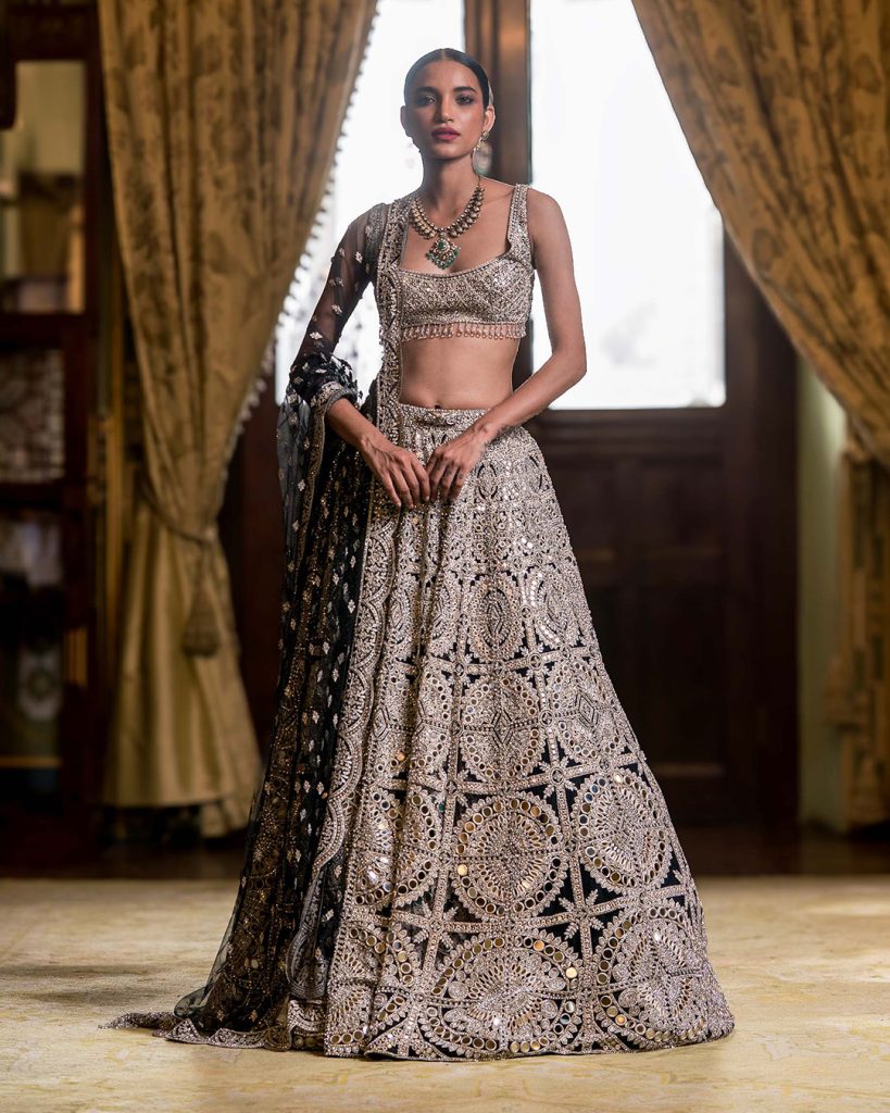 Lehenga-Set-With-Golden-Embroidery-Mirror