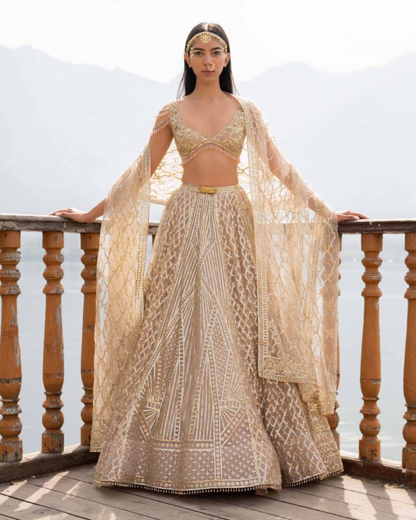 mettalic hue lehenga