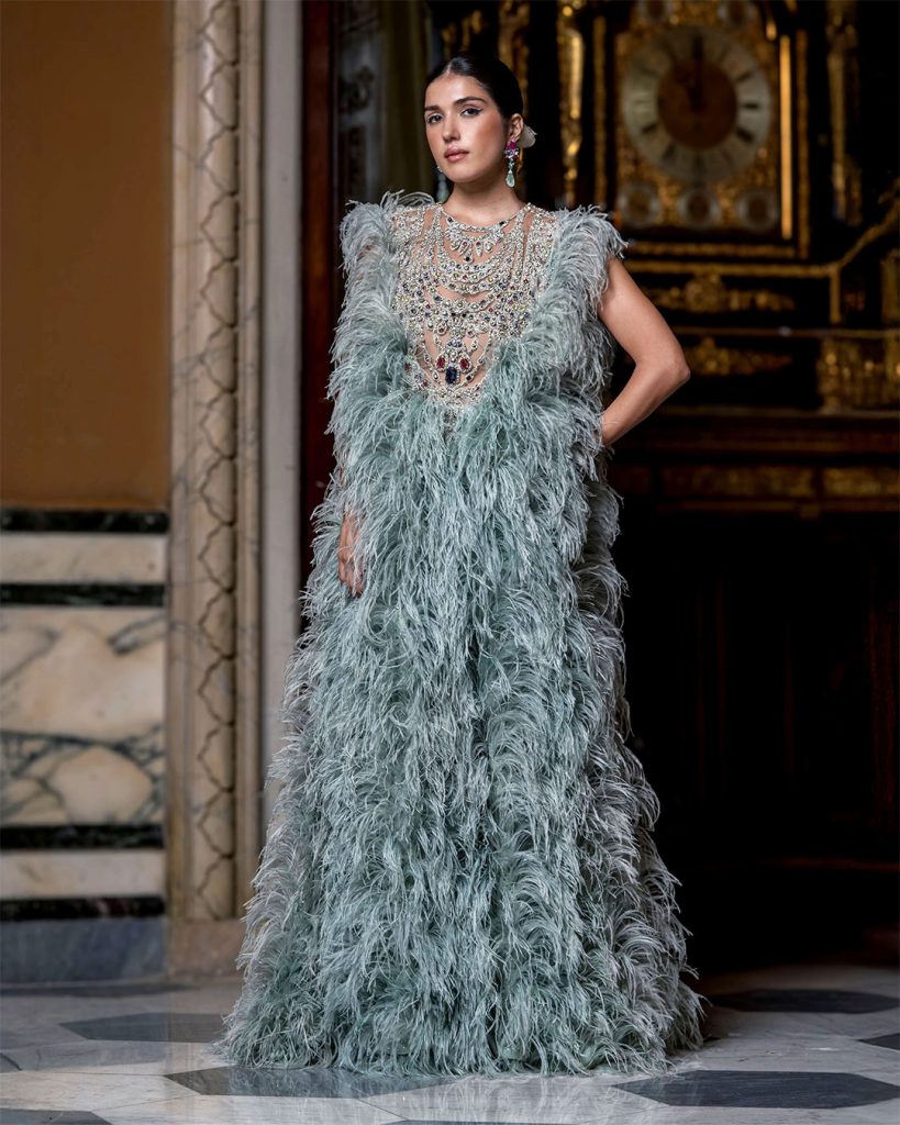 feather embellished gown