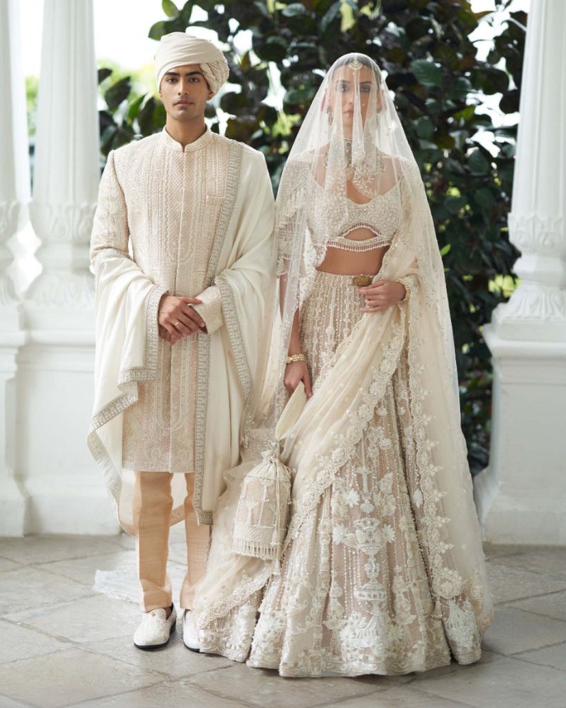 Ivory Embroidered Lehenga & Tonal Ivory Sherwani