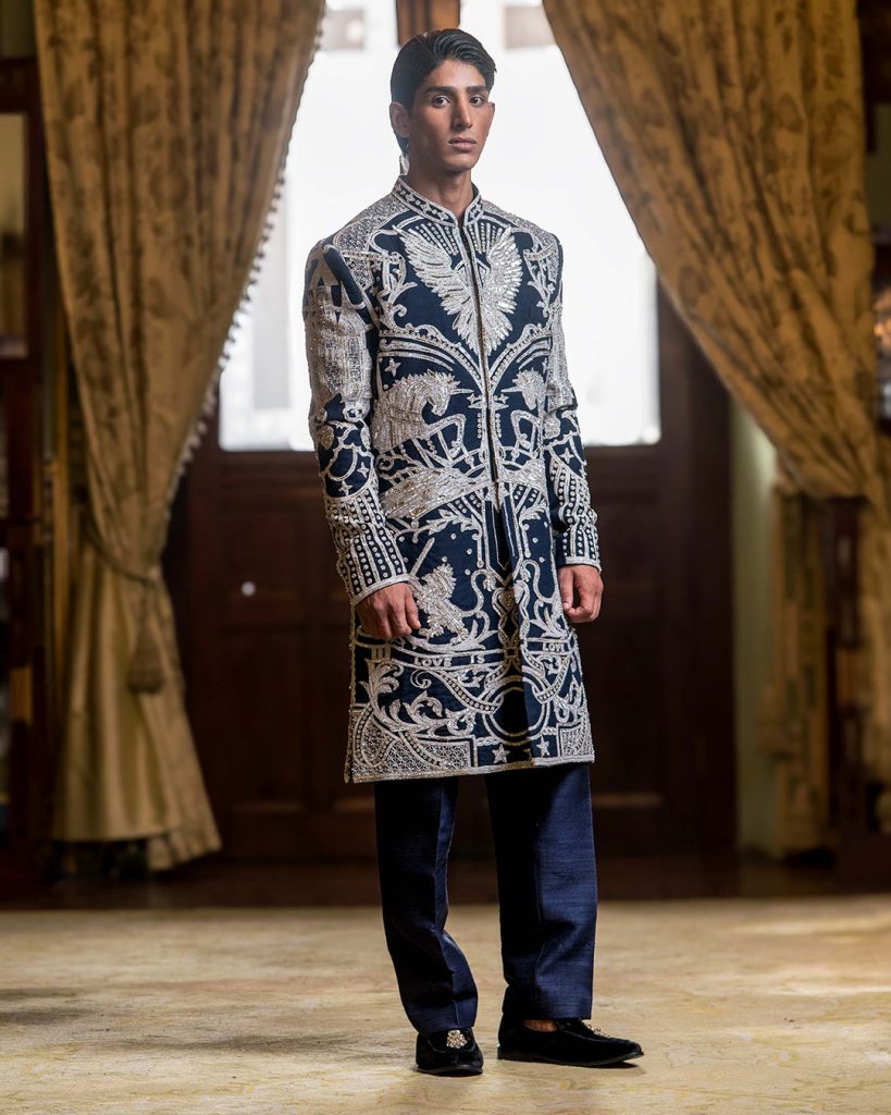 Silver foil blue embroidered sherwani
