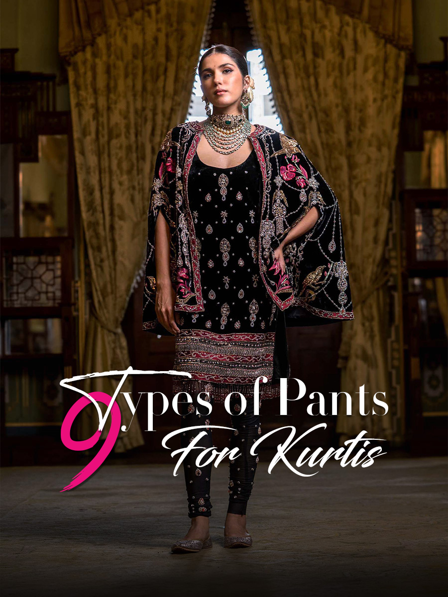 Black designer embroidered kurti set showcasing stylish types of pants for kurtis