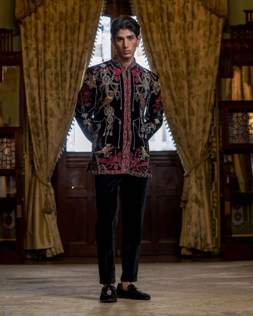 Black embroidered bandhgala outfit for an engagement ceremony