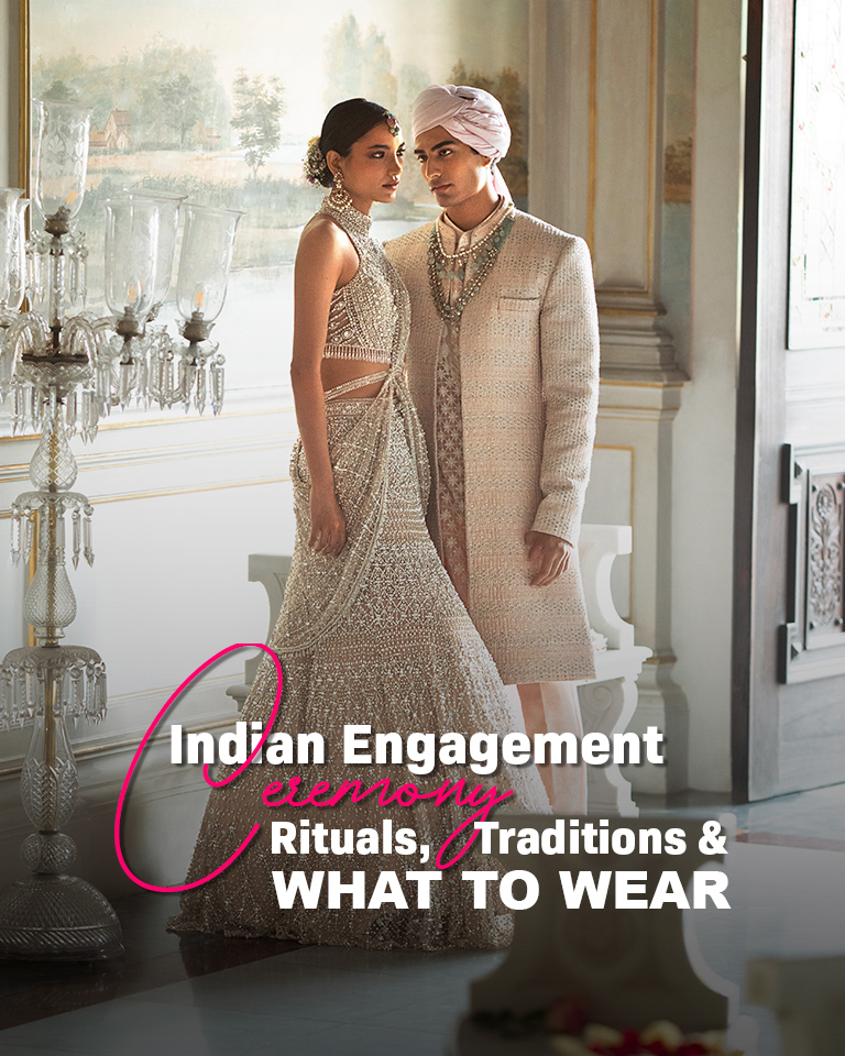 Indian couple in embellished engagement outfits