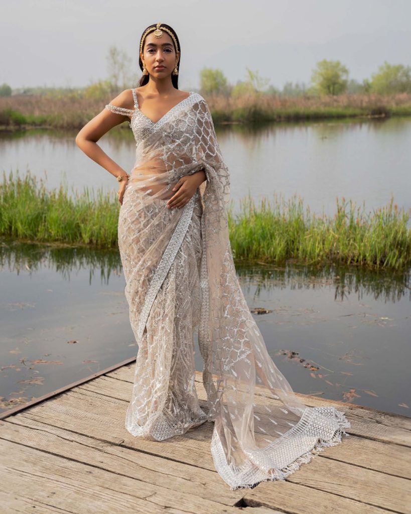 Silver sheer embroidered organza saree set