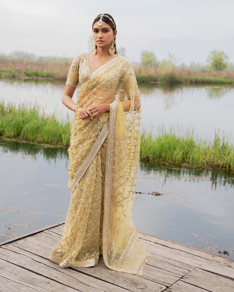 Gold embroidered tissue saree set for reception