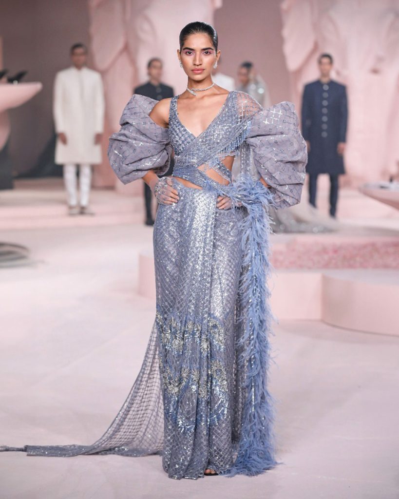 Powder blue pre-draped saree gown with puff sleeves