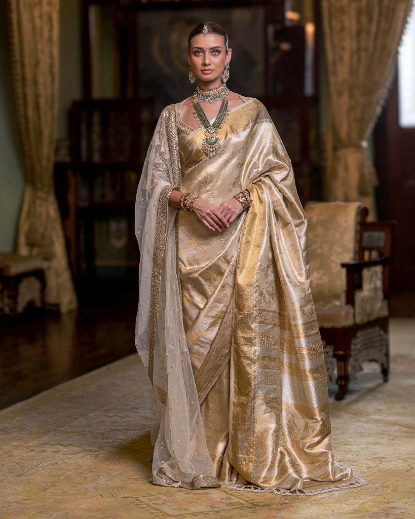 Off-white handloom Kanjivaram silk bridal saree