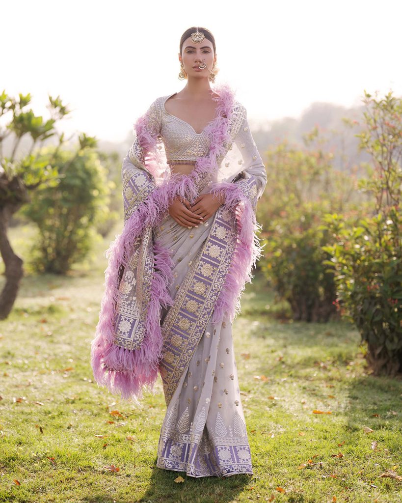 Dusty lavender pastel saree set with feather border