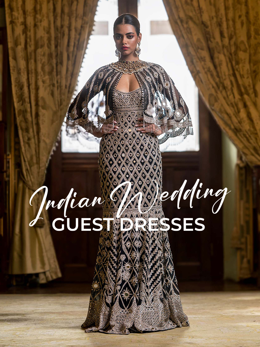 Woman-wearing-an-embellished-gown-for-Indian-wedding-guest-attire